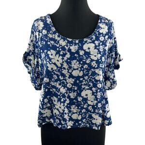 NU NEW YORK Blue White Floral Print Short Cuffed Sleeve Scoop Neck Knit Top S?